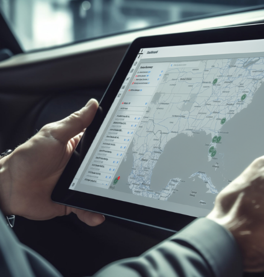 Masculine hands holding a tablet displaying the Atomation Dashboard